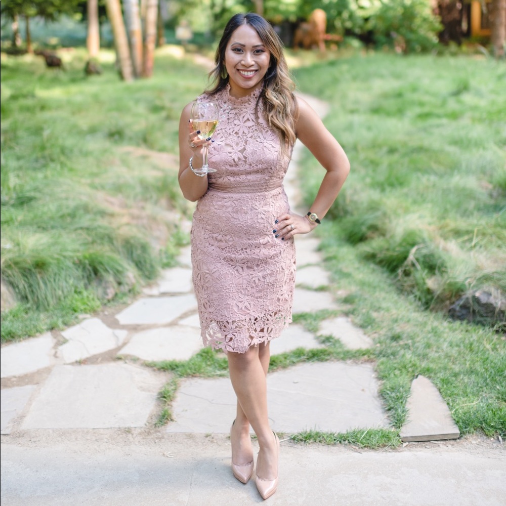 Blush/pink Bardot body-con lace dress